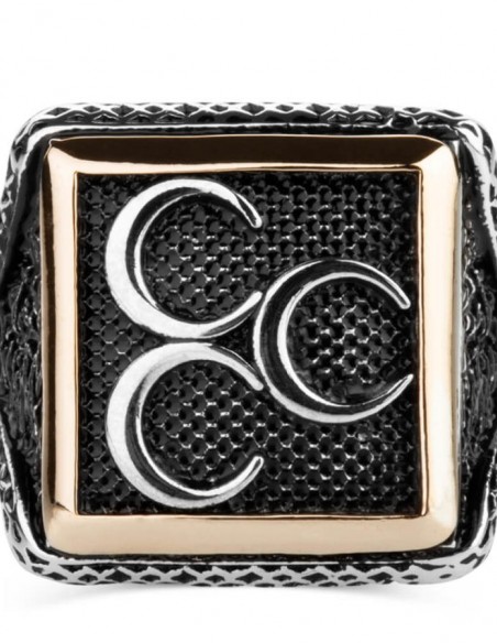 Üç Hilalli Kare Tasarım Erkek Gümüş Yüzüğü