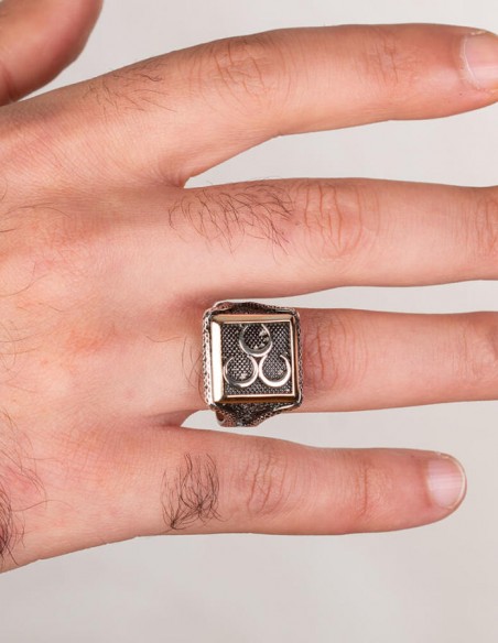 Üç Hilalli Kare Tasarım Erkek Gümüş Yüzüğü