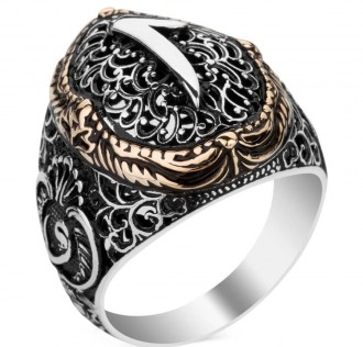 Vav Figürlü Elif Motifli Gümüş Erkek Yüzük