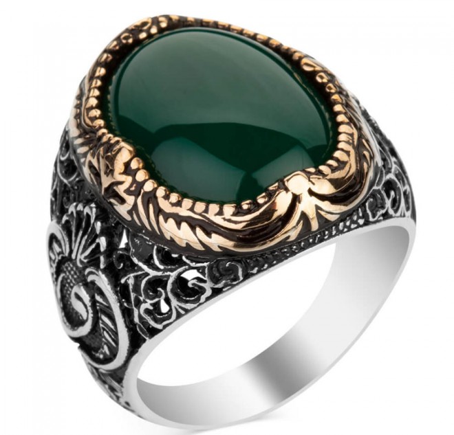 Yeşil Akik Taşlı Vav Figürlü Gümüş Erkek Yüzük