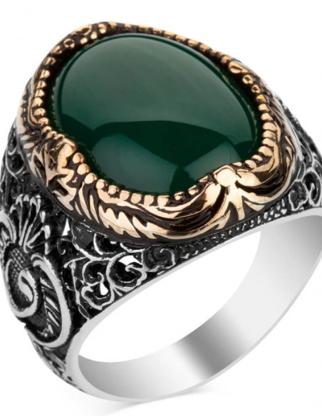 Yeşil Akik Taşlı Vav Figürlü Gümüş Erkek Yüzük