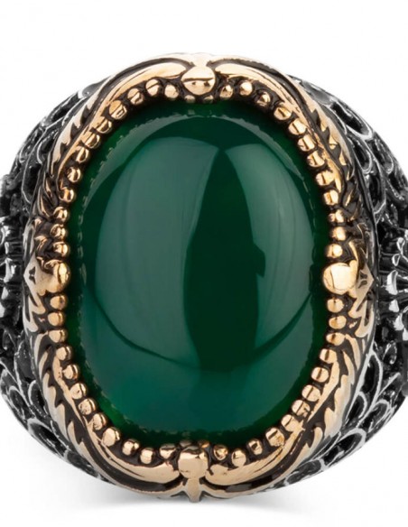 Yeşil Akik Taşlı Vav Figürlü Gümüş Erkek Yüzük