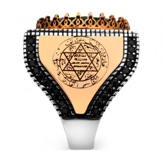 Yeşil Zirkon Taşlı Hz Süleyman Mührü Figürlü Erkek Yüzük 2