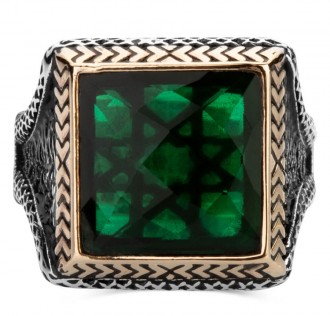 Yeşil Zirkon Taşlı Kare Tasarım Erkek Gümüş Yüzüğü 2