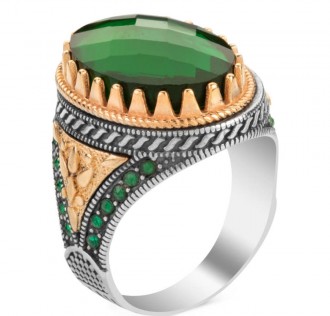 Zirkon Yeşil Taş Süslemeli Gümüş Erkek Yüzük 2