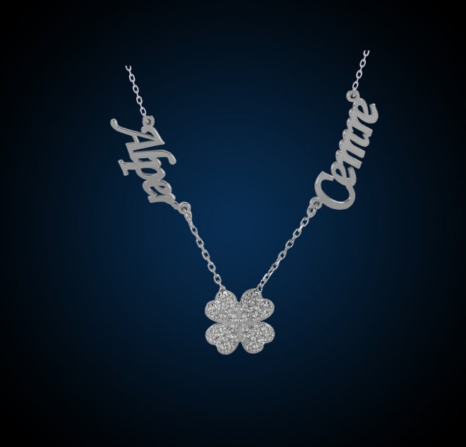 Zirkon Taşlı Yonca Çift İsimli Kolye