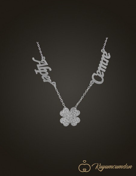 Zirkon Taşlı Yonca Çift İsimli Kolye