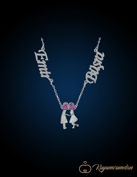 Kalp Kafalı Çift Renk Zirkon Taşlı Çift İsim Kolye