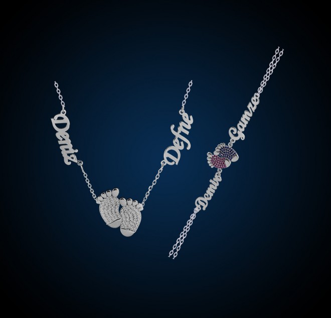 Zirkon Taşlı Ayak İzi Çift İsim  Kolye Ve Bileklik Seti
