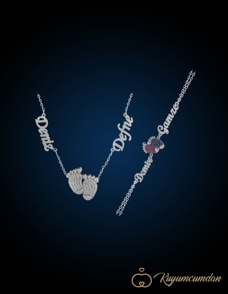 Zirkon Taşlı Ayak İzi Çift İsim  Kolye Ve Bileklik Seti
