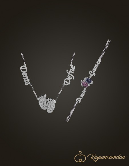 Zirkon Taşlı Ayak İzi Çift İsim  Kolye Ve Bileklik Seti
