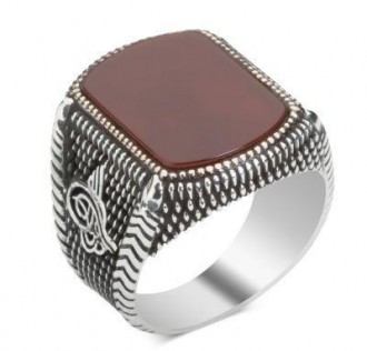 925 Ayar Gümüş Akik Taşlı Tuğralı Erkek Yüzük