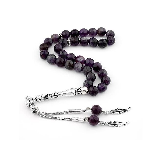 925 Ayar Gümüş Fasetalı Kesim Ametist Taşlı Tesbih