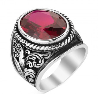 925 Ayar Gümüş Ruby Taşlı Motifli Erkek Yüzük