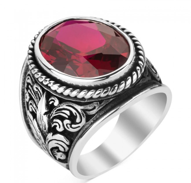 925 Ayar Gümüş Ruby Taşlı Motifli Erkek Yüzük