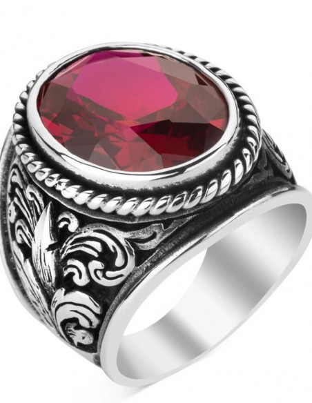 925 Ayar Gümüş Ruby Taşlı Motifli Erkek Yüzük