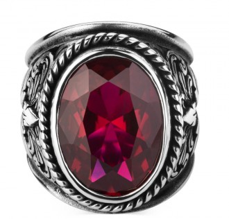 925 Ayar Gümüş Ruby Taşlı Motifli Erkek Yüzük 2