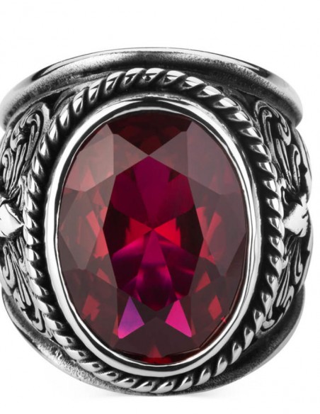 925 Ayar Gümüş Ruby Taşlı Motifli Erkek Yüzük