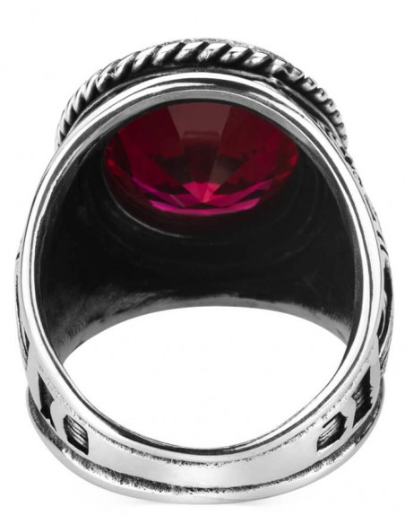 925 Ayar Gümüş Ruby Taşlı Motifli Erkek Yüzük