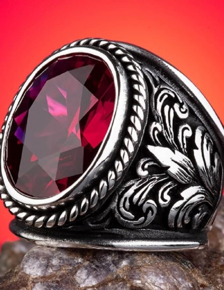 925 Ayar Gümüş Ruby Taşlı Motifli Erkek Yüzük