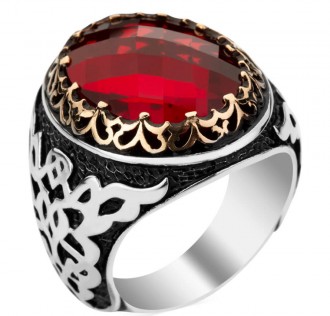 925 Ayar Gümüş Simetrik Desenli Kırmızı Taşlı Erkek Yüzüğü