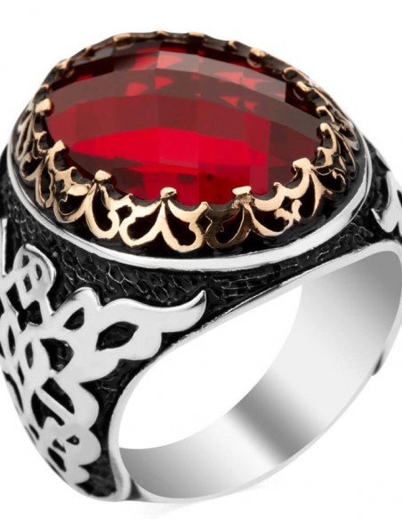 925 Ayar Gümüş Simetrik Desenli Kırmızı Taşlı Erkek Yüzüğü