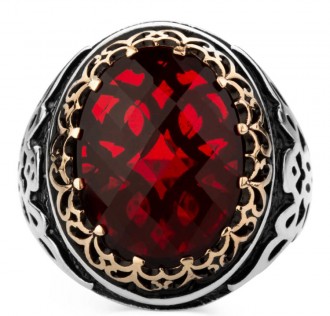 925 Ayar Gümüş Simetrik Desenli Kırmızı Taşlı Erkek Yüzüğü 2