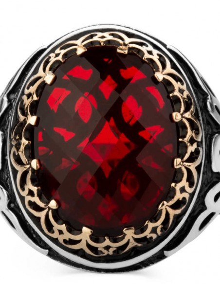 925 Ayar Gümüş Simetrik Desenli Kırmızı Taşlı Erkek Yüzüğü