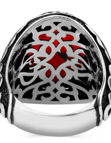 925 Ayar Gümüş Simetrik Desenli Kırmızı Taşlı Erkek Yüzüğü