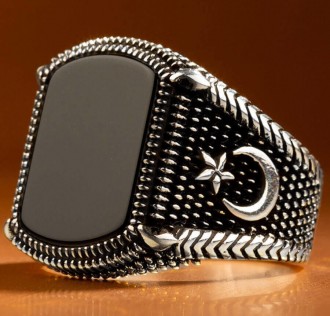 925 Ayar Gümüş Siyah Oniks Taşlı Ay Yıldızlı Erkek Yüzük