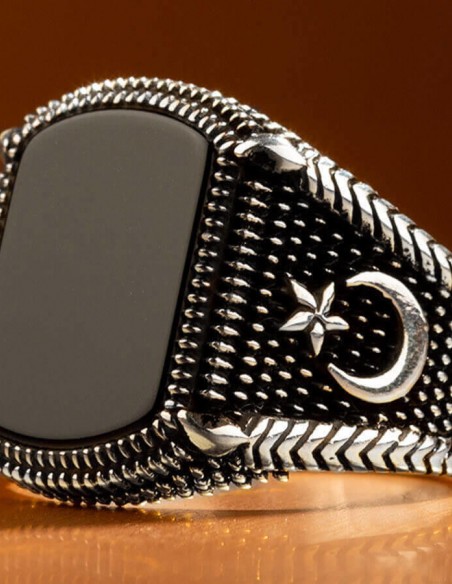 925 Ayar Gümüş Siyah Oniks Taşlı Ay Yıldızlı Erkek Yüzük