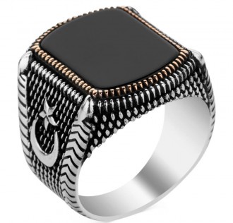 925 Ayar Gümüş Siyah Oniks Taşlı Ay Yıldızlı Erkek Yüzük 2