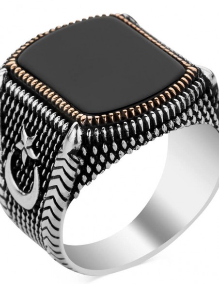 925 Ayar Gümüş Siyah Oniks Taşlı Ay Yıldızlı Erkek Yüzük