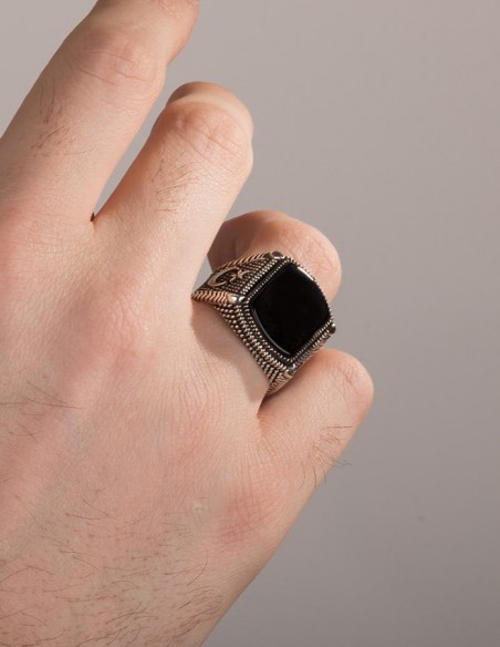 925 Ayar Gümüş Siyah Oniks Taşlı Ay Yıldızlı Erkek Yüzük