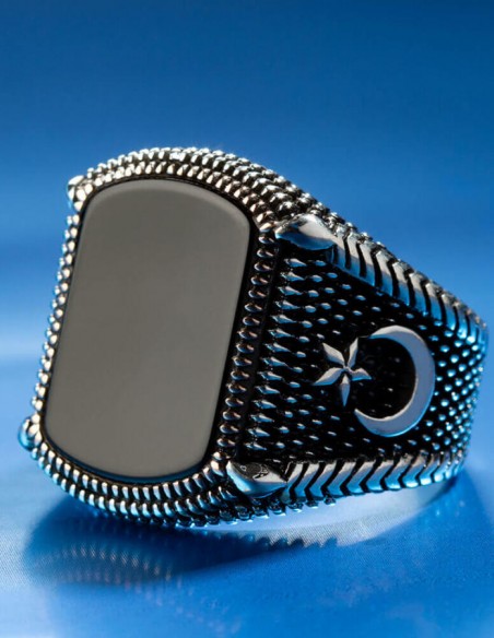 925 Ayar Gümüş Siyah Oniks Taşlı Ay Yıldızlı Erkek Yüzük