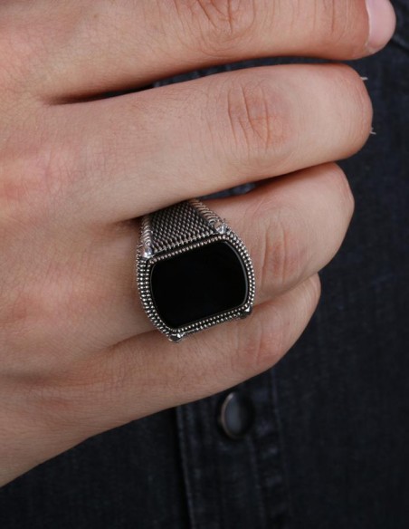 925 Ayar Gümüş Siyah Oniks Taşlı Erkek Yüzük