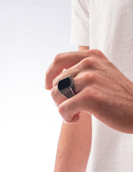 925 Ayar Gümüş Siyah Oniks Taşlı Erkek Yüzük