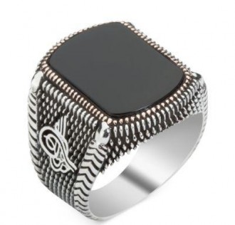 925 Ayar Gümüş Siyah Oniks Taşlı Tuğralı Erkek Yüzük