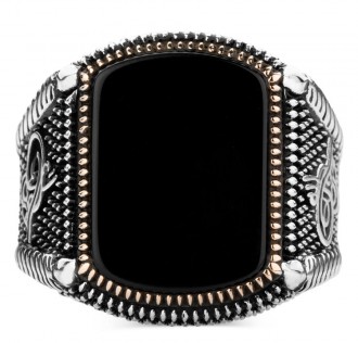 925 Ayar Gümüş Siyah Oniks Taşlı Tuğralı Erkek Yüzük 2