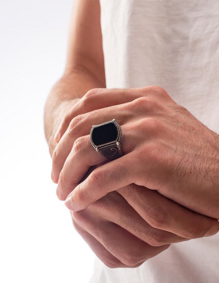 925 Ayar Gümüş Siyah Oniks Taşlı Vavlı Erkek Yüzük