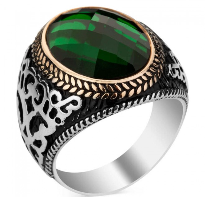 925 Ayar Gümüş Yeşil Zirkon Taşlı Erkek Yüzüğü