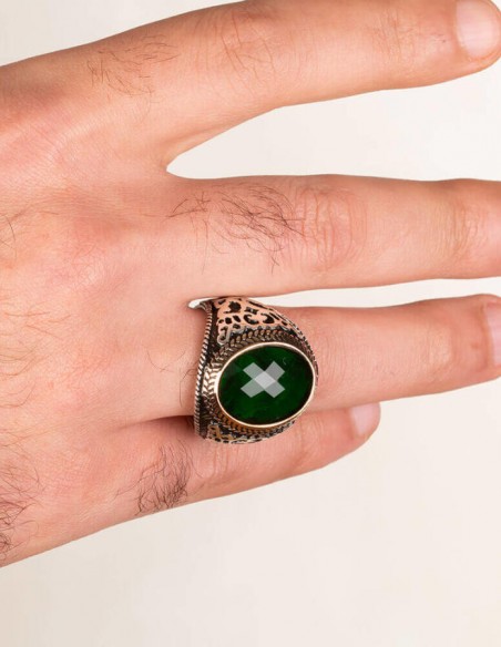 925 Ayar Gümüş Yeşil Zirkon Taşlı Erkek Yüzüğü