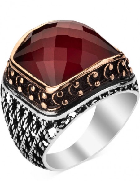 925 Ayar Gümüş Zirkon Kırmızı Taşlı İşlemeli Erkek Yüzük