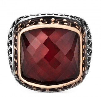 925 Ayar Gümüş Zirkon Kırmızı Taşlı İşlemeli Erkek Yüzük 2