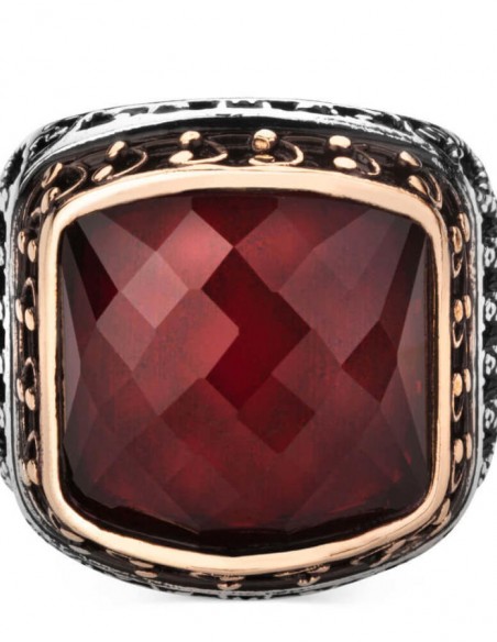 925 Ayar Gümüş Zirkon Kırmızı Taşlı İşlemeli Erkek Yüzük