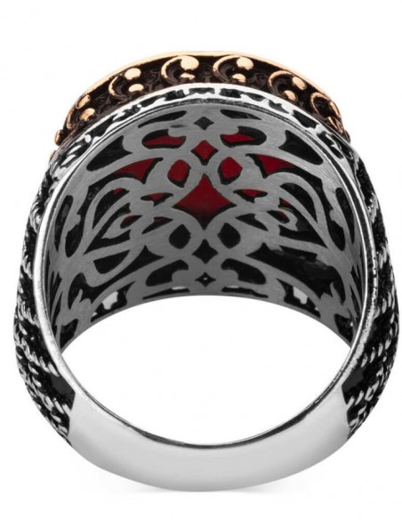 925 Ayar Gümüş Zirkon Kırmızı Taşlı İşlemeli Erkek Yüzük