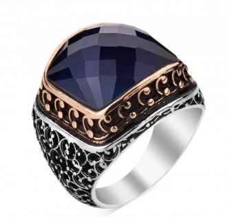 925 Ayar Gümüş Zirkon Mavi Taşlı İşlemeli Erkek Yüzük