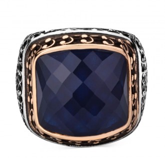 925 Ayar Gümüş Zirkon Mavi Taşlı İşlemeli Erkek Yüzük 2