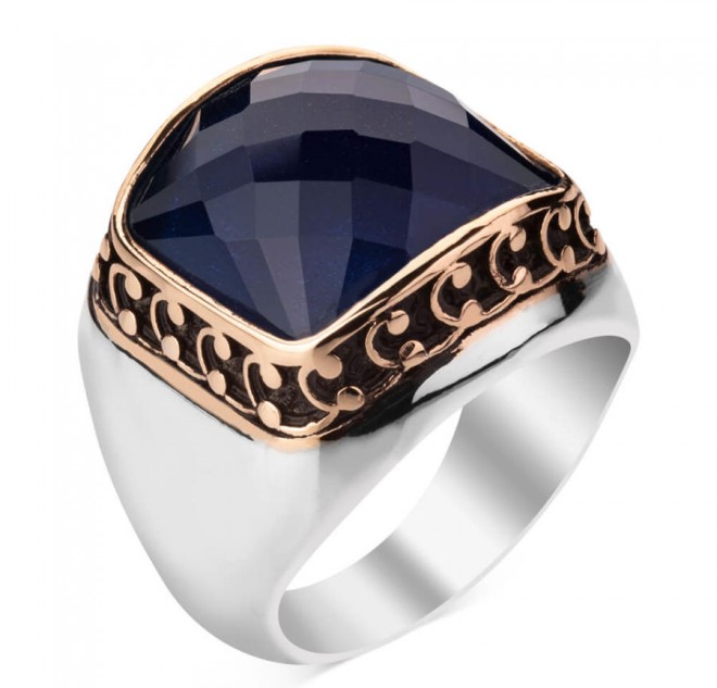 925 Ayar Gümüş Zirkon Mavi Taşlı Sade Erkek Yüzük