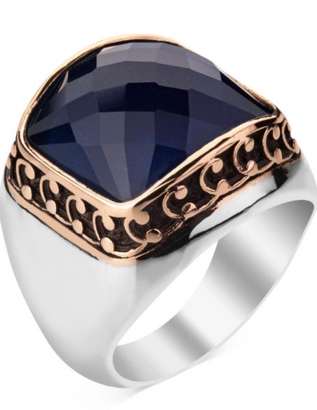 925 Ayar Gümüş Zirkon Mavi Taşlı Sade Erkek Yüzük